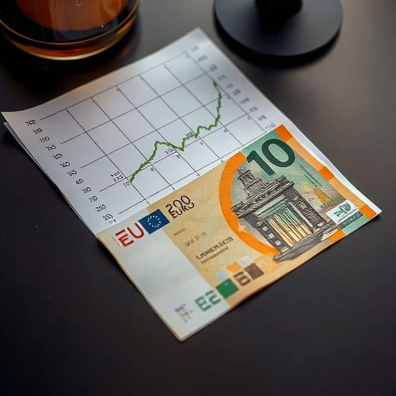 Billete de euro junto a un gráfico impreso de tipos de interés sobre un escritorio oscuro